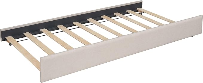 Full Size Upholstered Daybed with Twin Size Trundle, Wood Slat Support, Beige - LeafyLoom