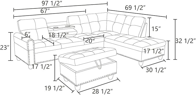 ROOMTEC L Shaped Sectional Sofa Set with Storage Ottoman,Right Facing Chaise Longue, Reversible Backrest w/ 2 Cup Holders, Flannel Tufted Cushions, for Living Room, Apartment, Grey White - LeafyLoom