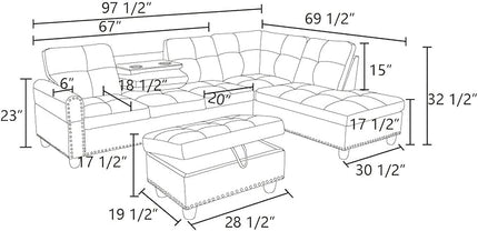 ROOMTEC Modern L Shaped Sectional Sofa with Storage Ottoman, Right Facing Chaise Longue, Reversible Backrest w/ 2 Cup Holders, Linen Tufted Cushions, for Living Room, Apartment, Black Grey - LeafyLoom