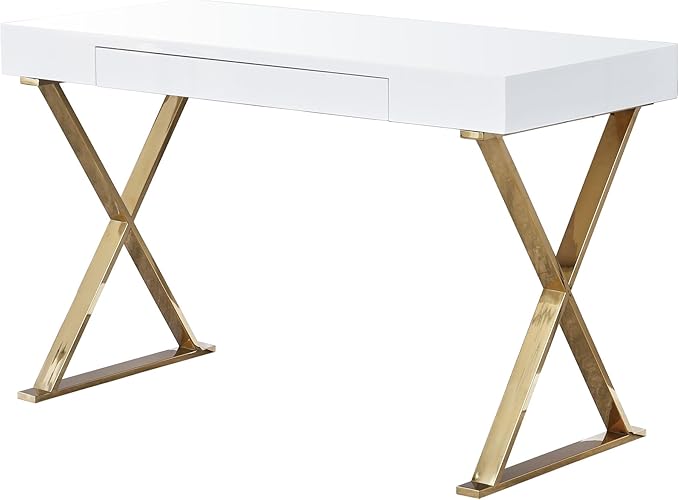 Best Master Furniture Barry Mid-Century High Gloss Home Office Desk with Gold Trim Frame - LeafyLoom