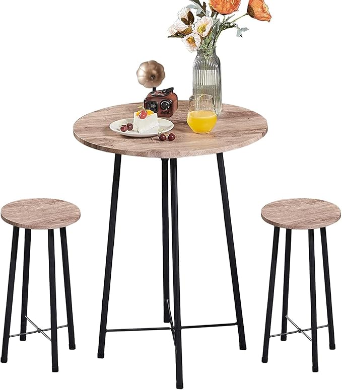 VECELO Small Bar Table and Chairs, Round Bistro Sets with 2 barstools, 3-Piece Pub Dining Furniture, Counter Height Wood Top for Breakfast Dinner Coffee Nap Conference, Easy Assembly,Maple - LeafyLoom