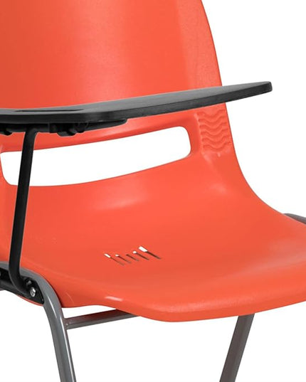 Flash Furniture HERCULES Orange Ergonomic Shell Chair with Right Handed Flip-Up Tablet Arm - LeafyLoom
