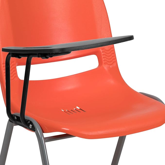 Flash Furniture HERCULES Orange Ergonomic Shell Chair with Right Handed Flip-Up Tablet Arm - LeafyLoom