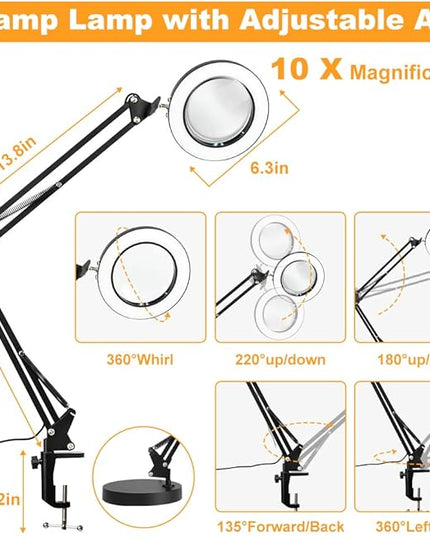 CHENBEN 10X Magnifying Glass with Light desk lamp 5 Color Modes Dimmable 2-in-1 Magnifying Glass with Light and Stand Adjustable LED Desk Lamp Hands Free for Reading Craft Repair Close Work - LeafyLoom