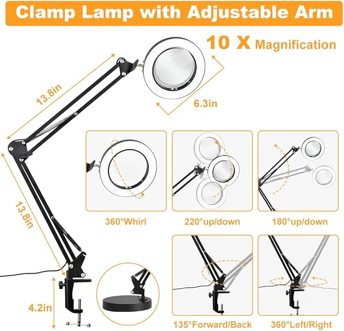 CHENBEN 10X Magnifying Glass with Light desk lamp 5 Color Modes Dimmable 2-in-1 Magnifying Glass with Light and Stand Adjustable LED Desk Lamp Hands Free for Reading Craft Repair Close Work - LeafyLoom