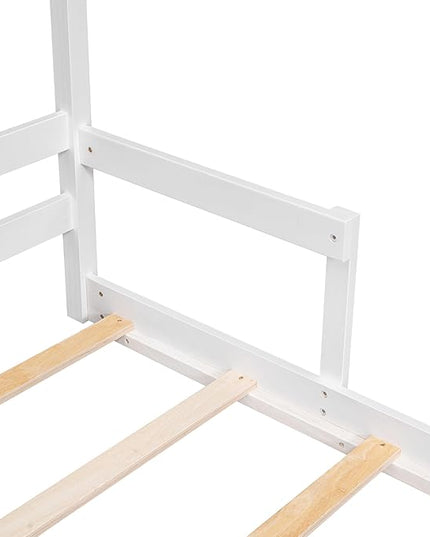 Bellemave Twin Size House-Shaped Headboard Floor Bed for Kids,Montessori Floor Bed with Handrails and Slats,Wood House Bed Twin for Girls,Boys(Twin,White) - LeafyLoom