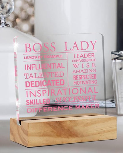 Inspirational Boss Appreciation Gift Boss Lady Gifts for Women, Pink Boss Lady Desk Decor Acrylic Desk Plaque Sign with Wood Stand Home Office Desk Sign Keepsake - LeafyLoom