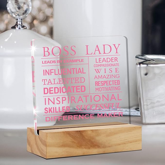 Inspirational Boss Appreciation Gift Boss Lady Gifts for Women, Pink Boss Lady Desk Decor Acrylic Desk Plaque Sign with Wood Stand Home Office Desk Sign Keepsake - LeafyLoom