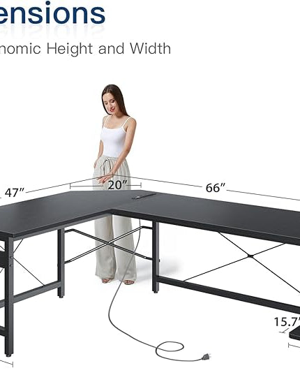 Coleshome 66" L Shaped Gaming Desk with Outlet, L Shaped Desk with CPU Stand, Corner Computer Desk, Home Office Desk, Writing Desk, Black - LeafyLoom