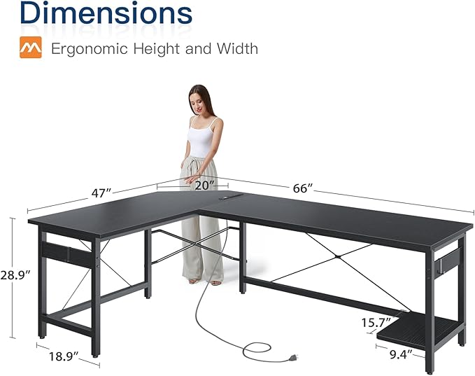 Coleshome 66" L Shaped Gaming Desk with Outlet, L Shaped Desk with CPU Stand, Corner Computer Desk, Home Office Desk, Writing Desk, Black - LeafyLoom