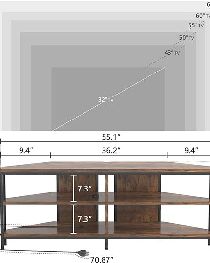 MUTUN Corner TV Stand with Power Outlet, Corner TV Stand for 32 43 50 55 60 Inch TV, Corner Entertainment Center, Industrial TV Console Table for Living Room Bedroom, 55 Inch, Rustic Brown - LeafyLoom