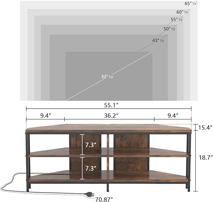 MUTUN Corner TV Stand with Power Outlet, Corner TV Stand for 32 43 50 55 60 Inch TV, Corner Entertainment Center, Industrial TV Console Table for Living Room Bedroom, 55 Inch, Rustic Brown - LeafyLoom