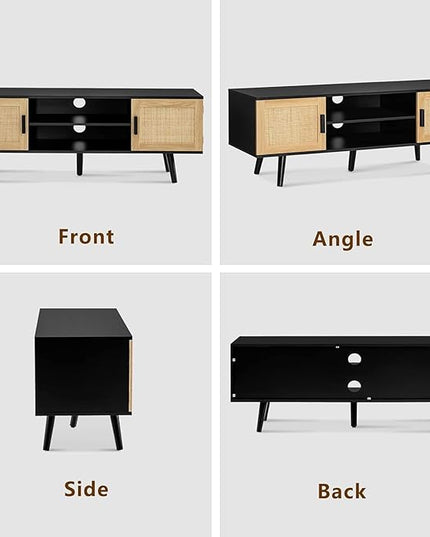 Iwell Rattan TV Stand for 60 Inch TV, Entertainment Center with 2 Cabinets & Adjustable Shelf, Rattan TV Console, Media Console for Living Room, Black+Natural - LeafyLoom