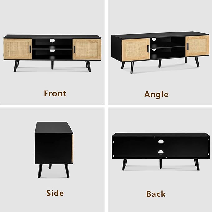 Iwell Rattan TV Stand for 60 Inch TV, Entertainment Center with 2 Cabinets & Adjustable Shelf, Rattan TV Console, Media Console for Living Room, Black+Natural - LeafyLoom