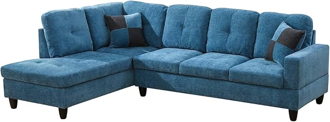 ROOMTEC 3 Piece L Shaped Sectional Sofa Set with Storage Ottoman, Left Facing Chaise Longue, Reversible Backrest w/ 2 Cup Holders, Flannel Tufted Cushions, for Living Room, Blue - LeafyLoom