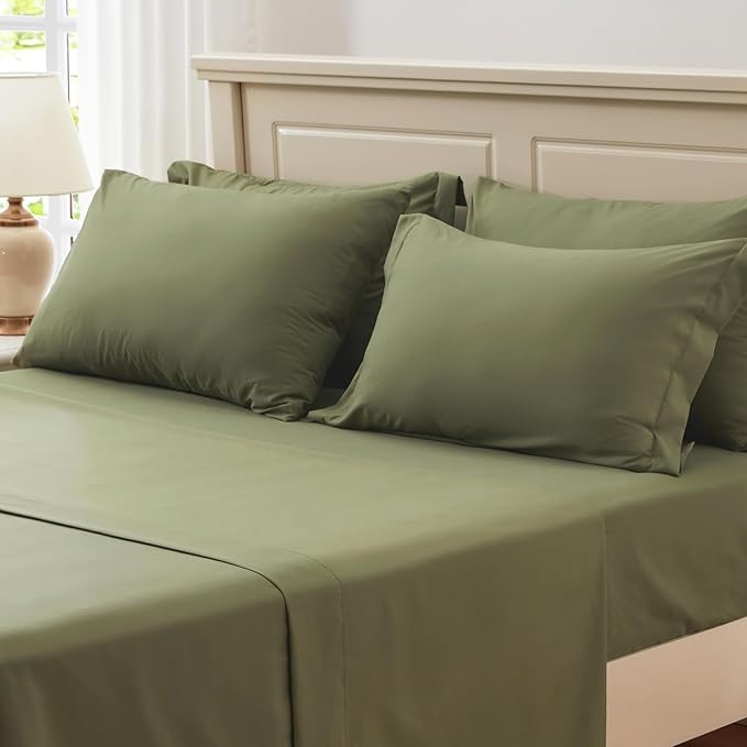 Anluoer Queen Comforter Set 7 Piece, Olive Green Bed in a Bag with Sheets, All Season Ruffle Shabby Chic Bedding Sets with 1 Comforter, 2 Pillow Shams, 2 Pillowcases, 1 Flat Sheet, 1 Fitted Sheet - LeafyLoom