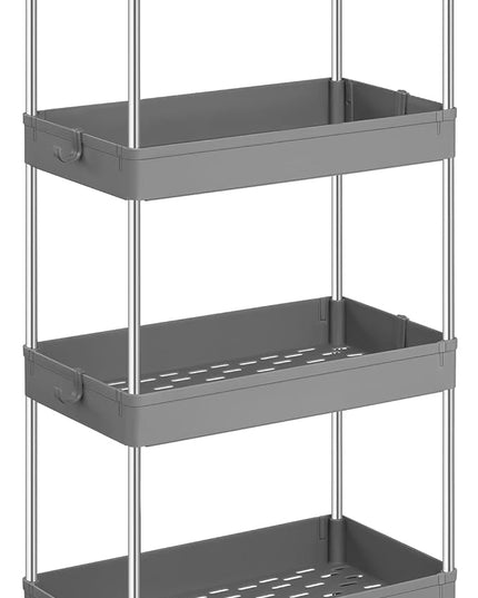 SONGMICS Slim Storage Cart, 4-Tier Rolling Cart, Narrow Utility Cart on Wheels, 6 Hooks, 360° Swivel Wheels, Lockable, Steel Frame, Bathroom, Kitchen, Office, Dove Gray UKSC010G01 - LeafyLoom