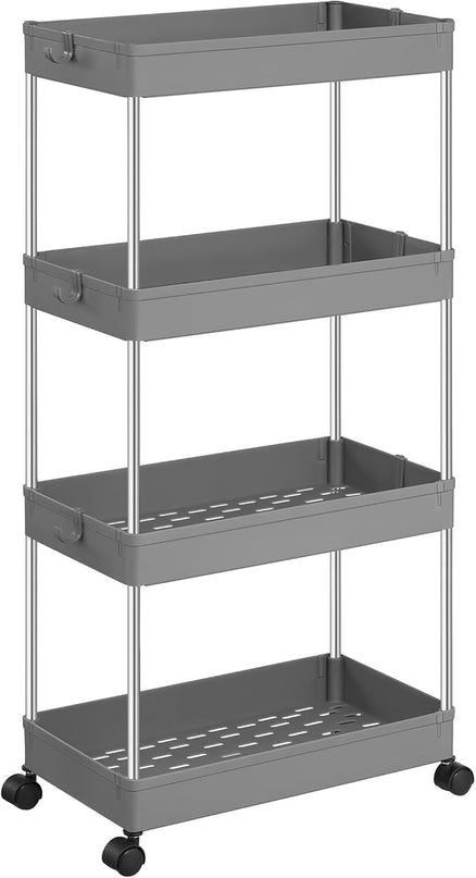 SONGMICS Slim Storage Cart, 4-Tier Rolling Cart, Narrow Utility Cart on Wheels, 6 Hooks, 360° Swivel Wheels, Lockable, Steel Frame, Bathroom, Kitchen, Office, Dove Gray UKSC010G01 - LeafyLoom