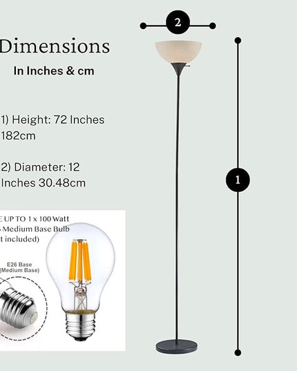 LIGHTACCENTS Stand Up Floor Lamp in Black - Modern Corner Light with White Opal Bowl Shade - Susan Design, Ideal for Living Room or Office, 72" Tall, 150-watt - Chic Living Room Floor Lamp Black - LeafyLoom