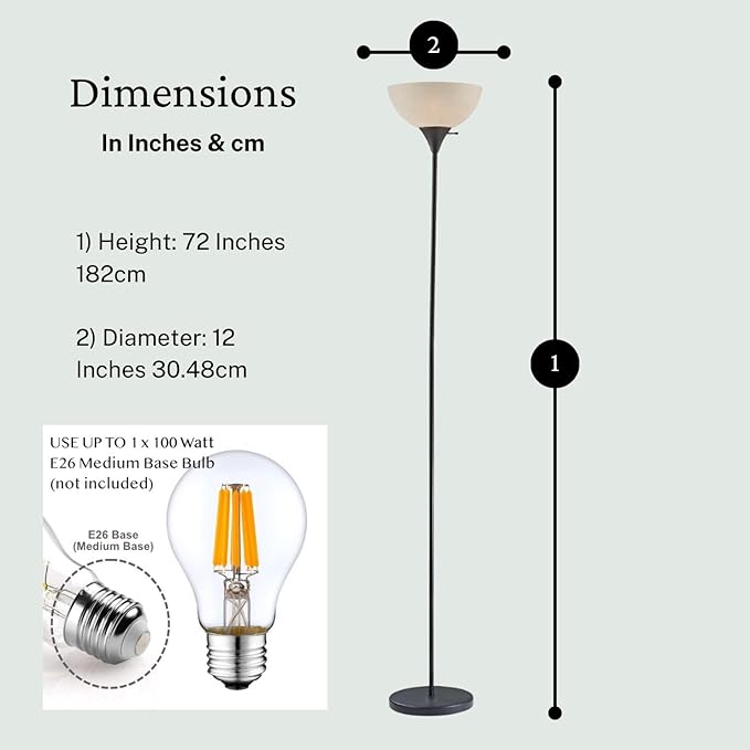 LIGHTACCENTS Stand Up Floor Lamp in Black - Modern Corner Light with White Opal Bowl Shade - Susan Design, Ideal for Living Room or Office, 72" Tall, 150-watt - Chic Living Room Floor Lamp Black - LeafyLoom