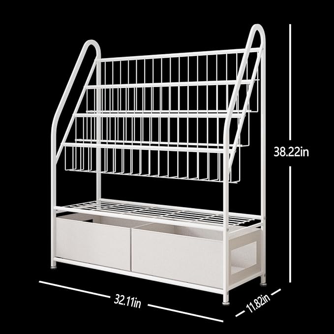 Large Kids Bookshelf With 2 Storage Box, 5 Tier Metal Kids Bookcases Children's Toy Storage Rack, Book Unit Storage Shelf for Playroom Bedroom Study Room, Idea Gifts for Boys and Girls KDSJ2305-White - LeafyLoom