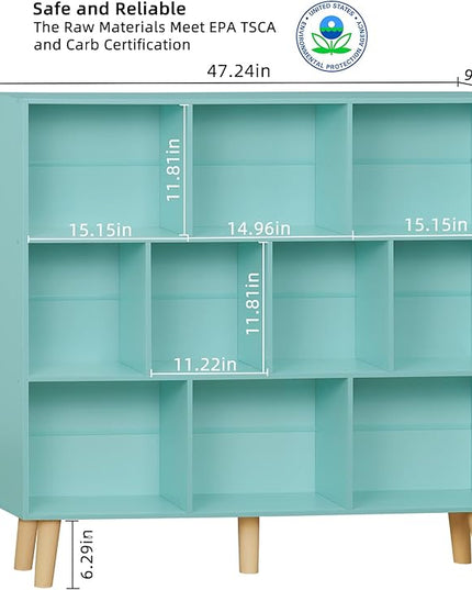 LEYAOYAO 10 Cube Bookshelf,3 Tier Modern Wide Bookcase with Legs,Mid-Century Wood Bookshelves Storage,Mint-Green Large Book Case,Freestanding Organizer Display Shelf for Bedroom,Living Room,Office - LeafyLoom