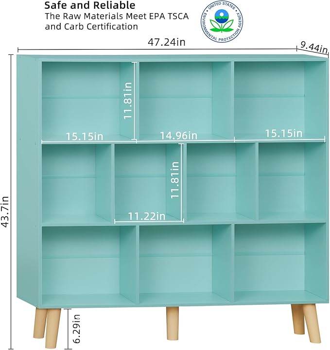 LEYAOYAO 10 Cube Bookshelf,3 Tier Modern Wide Bookcase with Legs,Mid-Century Wood Bookshelves Storage,Mint-Green Large Book Case,Freestanding Organizer Display Shelf for Bedroom,Living Room,Office - LeafyLoom
