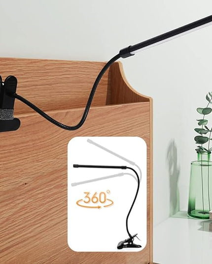Meichoon Desk Lamp with Clamp Desktop Clip-On LED Illuminating Light Flexible Metal Hose Eye-Caring Table Lamp for Bedroom Bedside Office Study Work Reading Embroidery UK10 Black - LeafyLoom