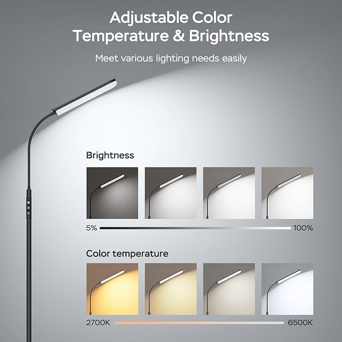 Floor Lamp, 15W Bright LED Floor Lamps for Living Room, Remote & Touch Control, 0.5H/1H Timer, Adjustable 2700K-6500K Colors & Brightness Eye Caring Reading Lamp, Gooseneck Standing Lamp - LeafyLoom