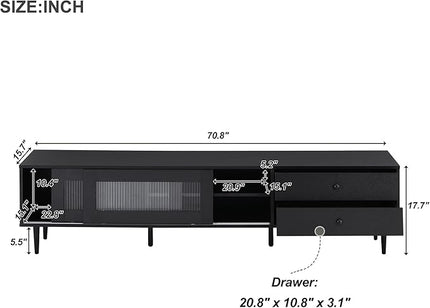 Merax Chic Elegant Design TV Stand with Sliding Fluted Glass Doors and Ample Space, Slanted Drawers Media Console for Televisions Up to 75", Modern Storage Cabinet, 70.86 inch Length, Black - LeafyLoom