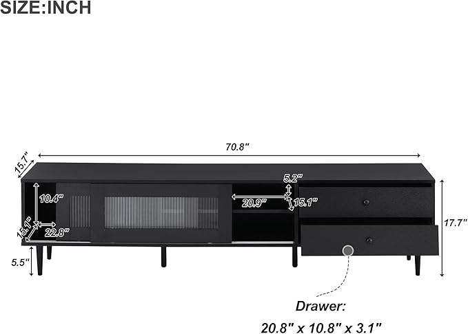 Merax Chic Elegant Design TV Stand with Sliding Fluted Glass Doors and Ample Space, Slanted Drawers Media Console for Televisions Up to 75", Modern Storage Cabinet, 70.86 inch Length, Black - LeafyLoom
