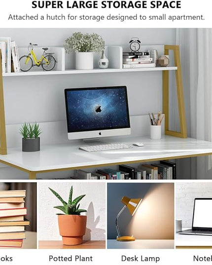 Tribesigns Computer Desk with Hutch, 47 inches Home Office Desk with Space Saving Design with Bookshelf for Small Spaces (White &gold, 47) - LeafyLoom