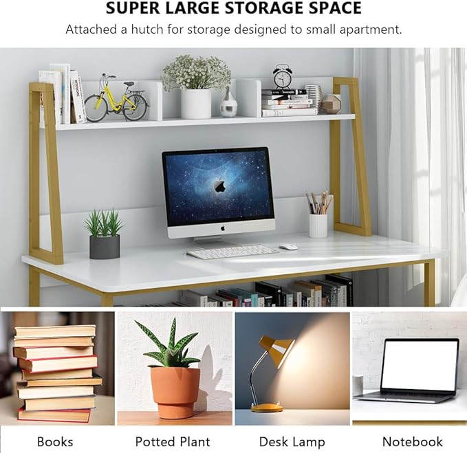 Tribesigns Computer Desk with Hutch, 47 inches Home Office Desk with Space Saving Design with Bookshelf for Small Spaces (White &gold, 47) - LeafyLoom