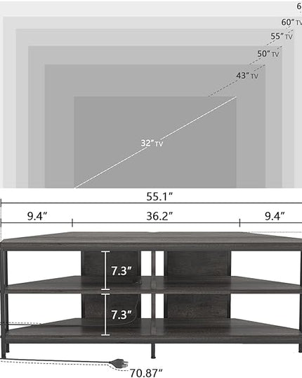 MUTUN Corner TV Stand with Power Outlet, Corner TV Stand for 32 43 50 55 60 Inch TV, Corner Entertainment Center, Industrial TV Console Table for Living Room Bedroom, 55 Inch, Grey Oak - LeafyLoom