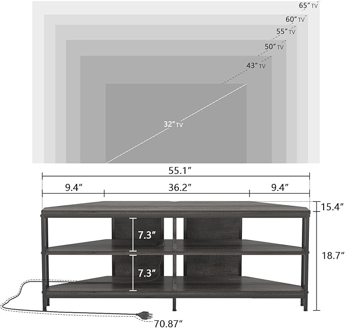 MUTUN Corner TV Stand with Power Outlet, Corner TV Stand for 32 43 50 55 60 Inch TV, Corner Entertainment Center, Industrial TV Console Table for Living Room Bedroom, 55 Inch, Grey Oak - LeafyLoom