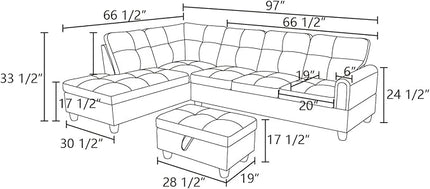 ROOMTEC Button Modern L Shape Sectional Sofa Set, Upholstered Corner Couch with Storage Ottoman, Linen Tufted Cushions, for Living Room, Apartment, 97inch, Grey w/Left Chaise Lounge - LeafyLoom