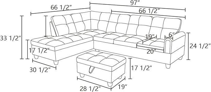 ROOMTEC Button Modern L Shape Sectional Sofa Set, Upholstered Corner Couch with Storage Ottoman, Linen Tufted Cushions, for Living Room, Apartment, 97inch, Grey w/Left Chaise Lounge - LeafyLoom