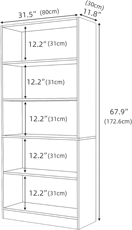 Wood Bookcase 5-Shelf Freestanding Display Shelf Organizer Wooden Bookshelf for Home Office School (Grey 11.8" D x 31.5" W x 67.9" H) - LeafyLoom