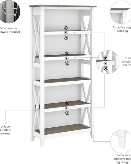 Bush Furniture BSH24470221 Key West 5-Shelf 66-Inch H Bookcase, Shiplap Gray/Pure White - LeafyLoom