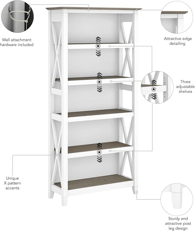 Bush Furniture BSH24470221 Key West 5-Shelf 66-Inch H Bookcase, Shiplap Gray/Pure White - LeafyLoom