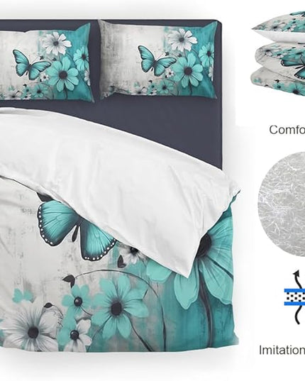 Butterfly Flowers Comforter Sets Full Size, Vintage Floral Butterfly Kids Bedding Sets for girls Teens 3 Piece Bedroom Decor - LeafyLoom