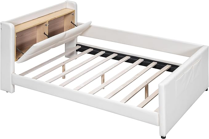 Full Size PU Upholstered Platform Storage Headboard,Footboard and 3 Pockets,Bedroom Solid Wood Bed Frame w/Security Guardrail & Slat Support,for Kids,Teen,Boys,Girls,Beige - LeafyLoom