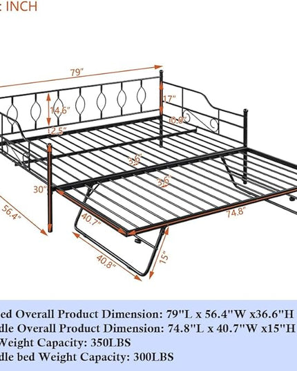 Full Daybed with Trundle, Metal Day Bed with Pull Out Trundle, Sofa Bed with Twin Size Portable Folding Trundle, Bed Frame for Bedroom, Living Room, Guest Room, Home, No Box Spring Needed, Black - LeafyLoom