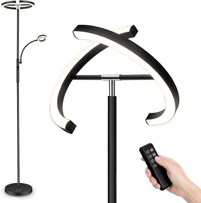 FIMEI Split Floor Lamp with Reading Light, Modern Bright LED Rotatable Standing Lamp with Stepless Dimming and 3000K-6000K Color for Living Room Bedroom Office, Touch and Remote Control, Black - LeafyLoom