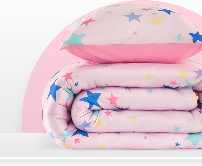 SLEEP ZONE Kids Comforter Set, Jersey Knit 3 Pieces Bedding Set for Girls, Soft, Breathable, Washable, Easy Care (Colorful Stars, Full/Queen) - LeafyLoom