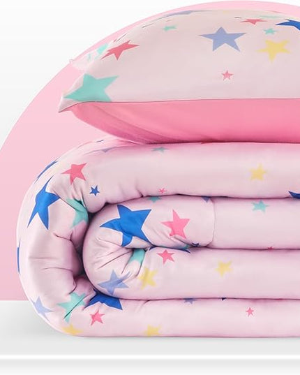 SLEEP ZONE Jersey Knit Pink Comforter Set Twin Size, Breathable & Soft Kids Bedding Set 2-Piece with Comforter, Pillowcase (Colorful Stars, Twin) - LeafyLoom
