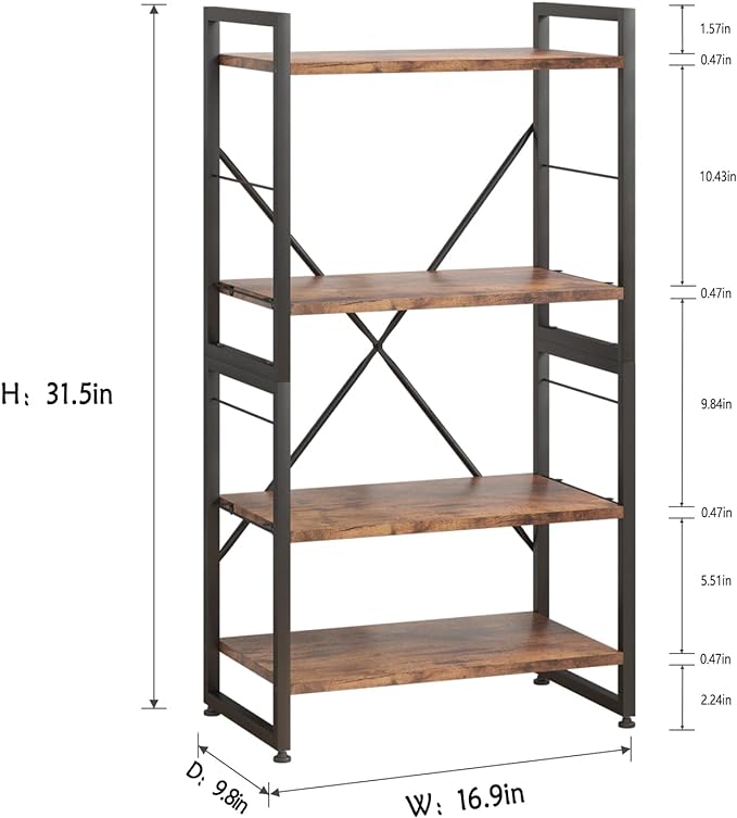 4 Tiers Bookshelf Adjustable Shelf Organizer, Rustic Brown Small Bookcase for Small Space,Industrial Wooden Storage Bookcase Display Rack and Storage Organizer for Living Room Home Office - LeafyLoom