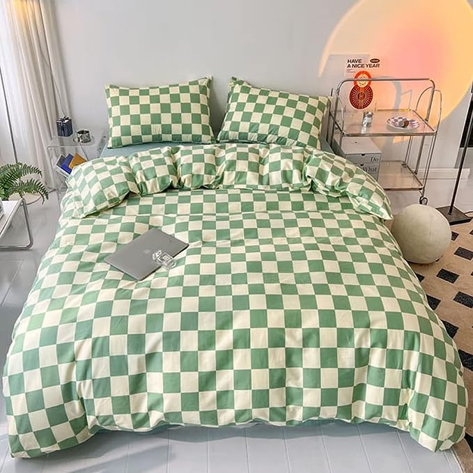 Wellboo Green and White Comforter Sets Twin Women Men Sage Green Checkerboard Grid Bedding Comforters Cotton Boys Girls Modern Grass Green Plaid Checkered Quilts Modern Buffalo Geometric Abstract Bed - LeafyLoom