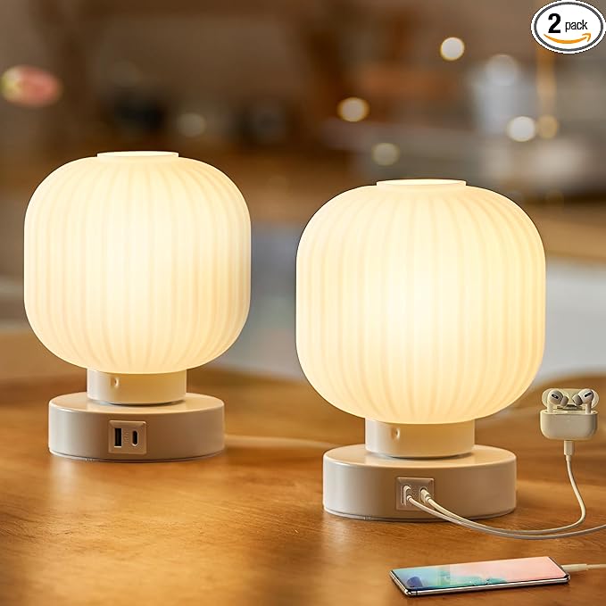 Touch Bedside Lamps Set of 2 with 3 Way Dimmable Light, Small Table Lamps with USB C+A Charging Ports - Bedroom Nightstand & Living Room Essential, Bulb Included - LeafyLoom
