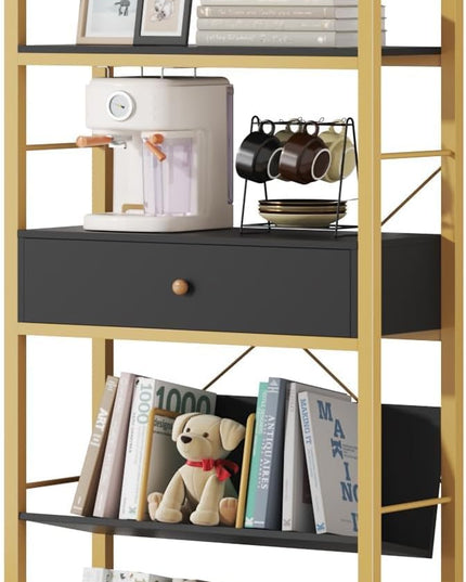 Bookshelf with Drawers- 60'' Wide Industrial Book Shelf with Bookend, 5 Tiers Tall Storage Shelves, Steel Frame Display Rack, Suitable for Bedroom, Office, Living Room-27'' Depth Black - LeafyLoom